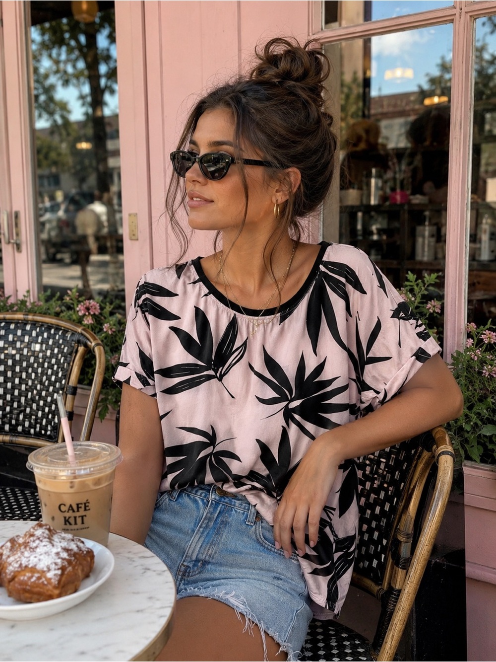 Coastal Core Style Lole Pink Short Sleeve Top with Black Leaf Print